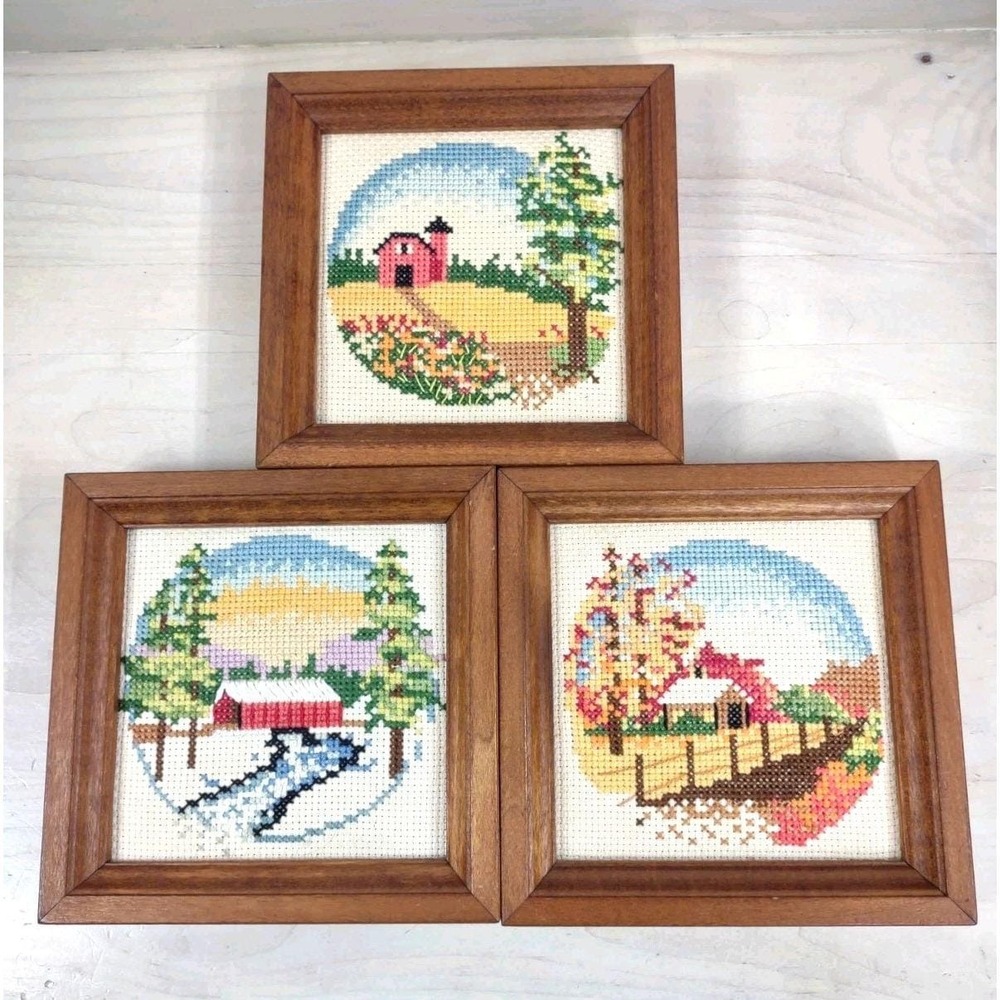 Vintage Completed Cross Stitch Framed Country Seasonal Landscapes Retro Decor